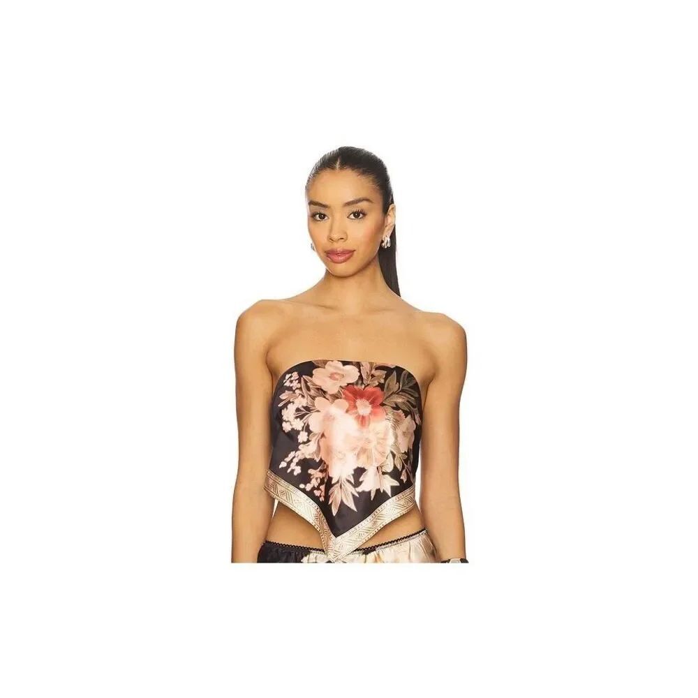 NWT Free People Strapless Floral Satin Top XL Bandana Hem Boho Festival Rare Fin